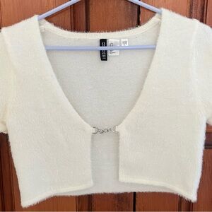 Divided Cream Fuzzy Crop Top